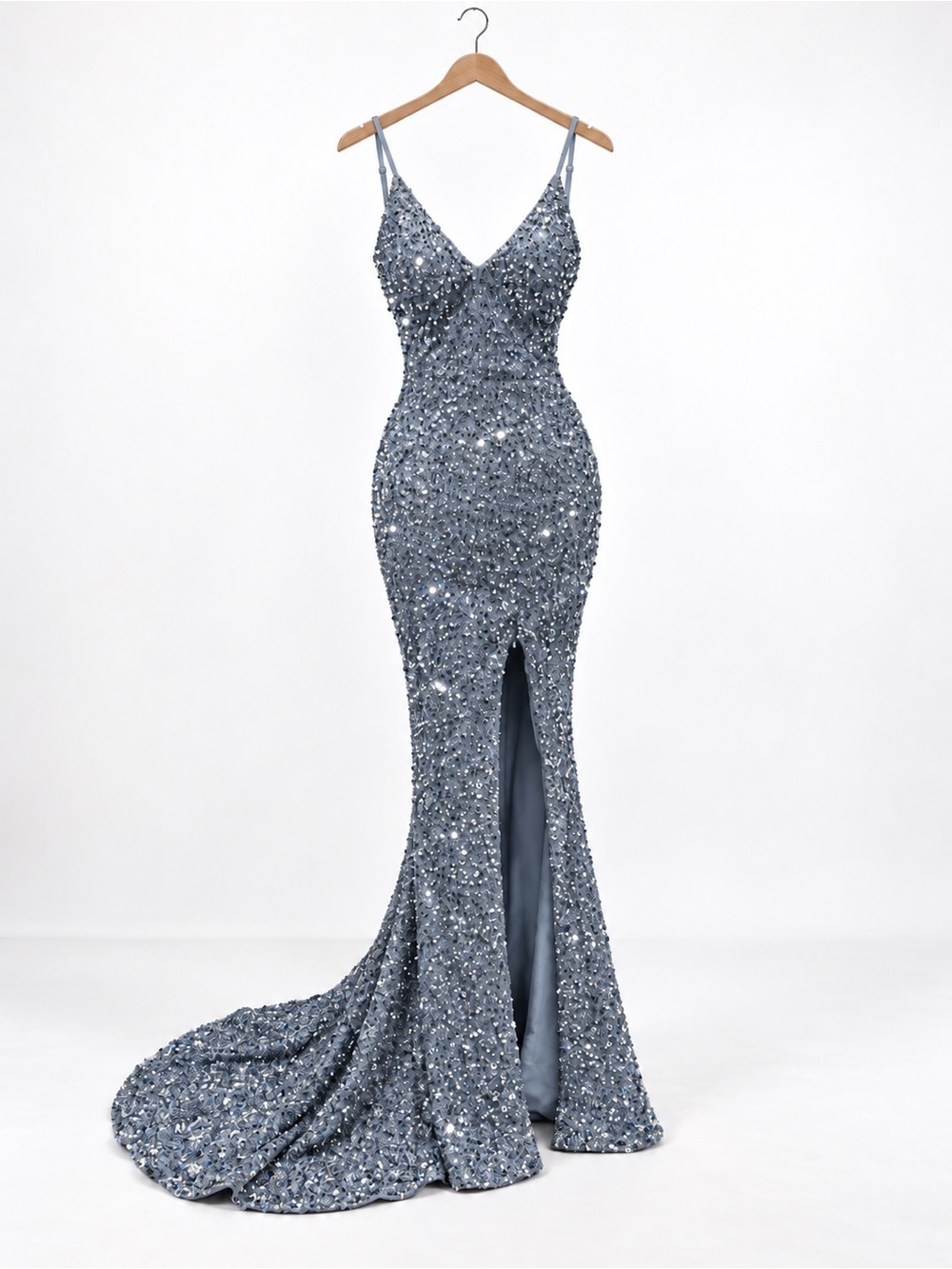 NEW Sequin Spaghetti-Strap Evening Gown - Blue Gray